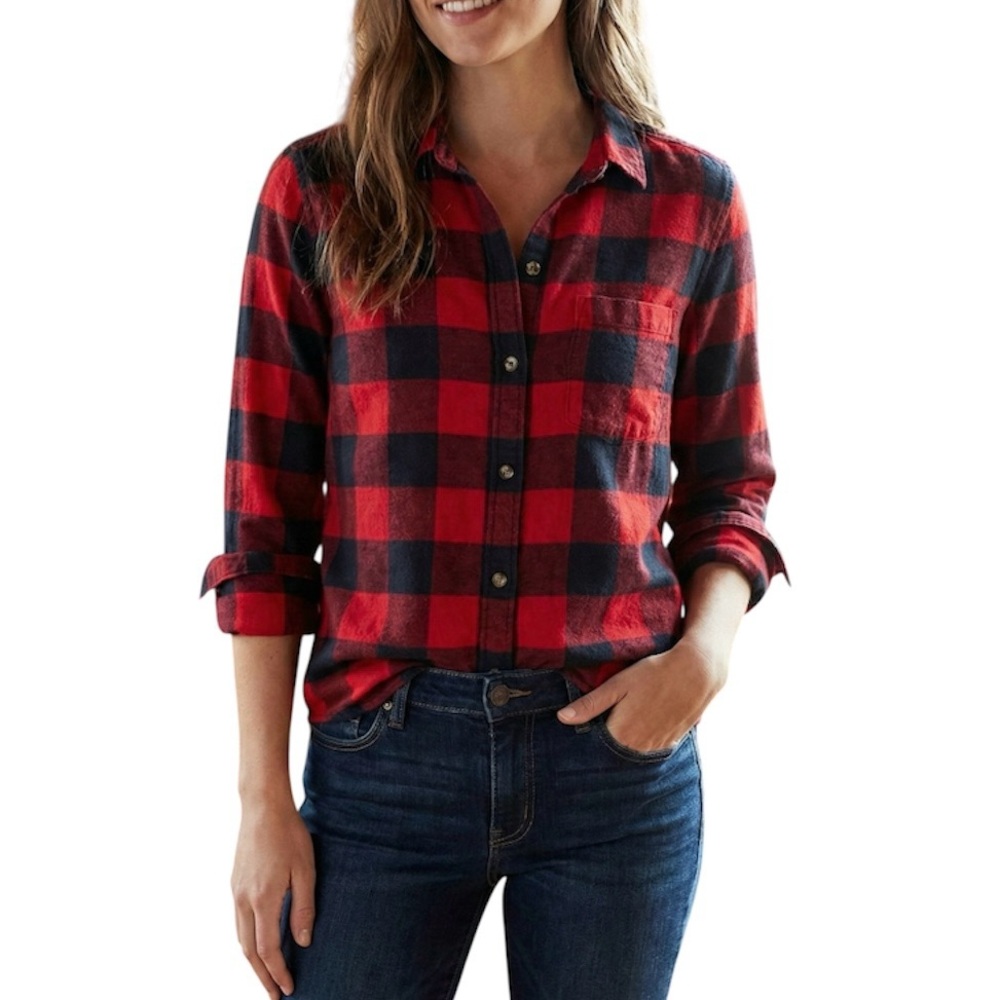 AEO American Eagle Red Black Buffalo Plaid Button Down Shirt S Flannel Oversized